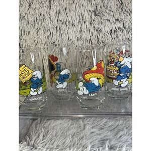 4 Vintage 1982-83 Smurf Character Drinking Glasses Baker‎ Lazy Jokey Grouchy 6"